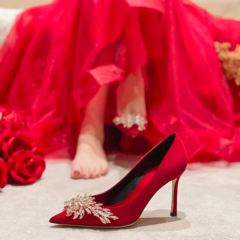 Wedding shoes, red high heels, slim heels, 2024 spring/summer/autumn new Korean version pointed toe bride shoes, high heels