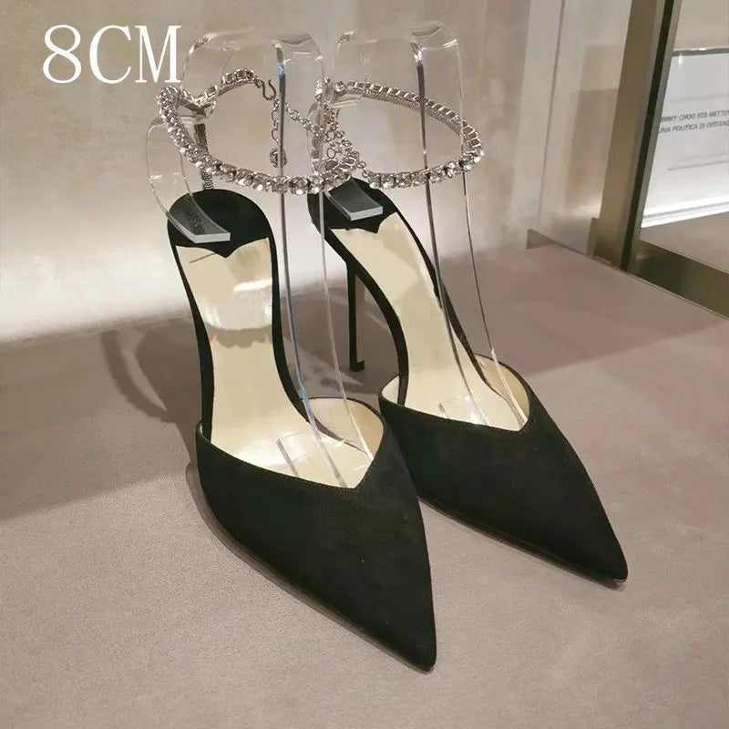 2024 New Satin Pumps Crystal Pendant One Word Rhinestone Chain High Heels Pointed Thin Heel Sexy Sandals Wedding Shoes