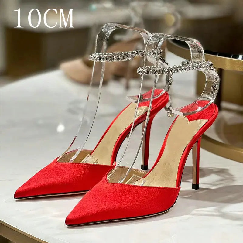 2024 New Satin Pumps Crystal Pendant One Word Rhinestone Chain High Heels Pointed Thin Heel Sexy Sandals Wedding Shoes