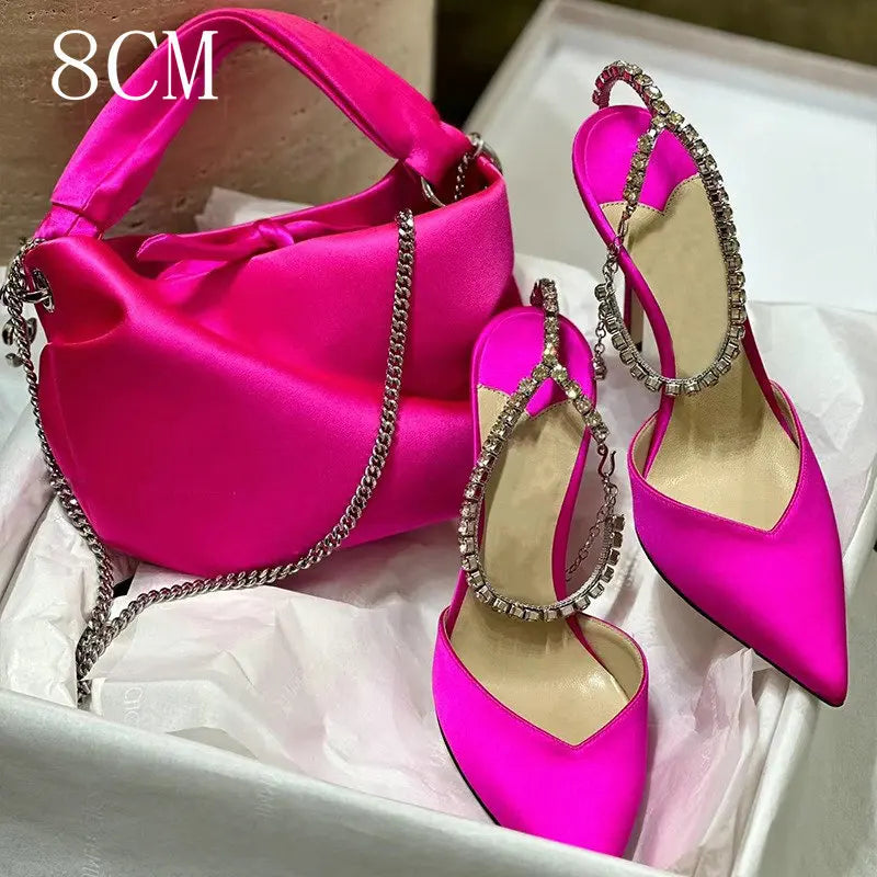 2024 New Satin Pumps Crystal Pendant One Word Rhinestone Chain High Heels Pointed Thin Heel Sexy Sandals Wedding Shoes