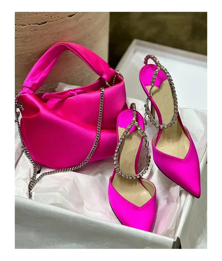 2024 New Satin Pumps Crystal Pendant One Word Rhinestone Chain High Heels Pointed Thin Heel Sexy Sandals Wedding Shoes