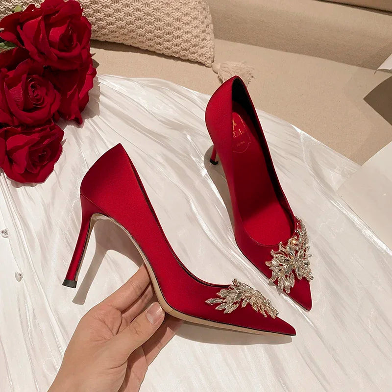 Wedding shoes, red high heels, slim heels, 2024 spring/summer/autumn new Korean version pointed toe bride shoes, high heels