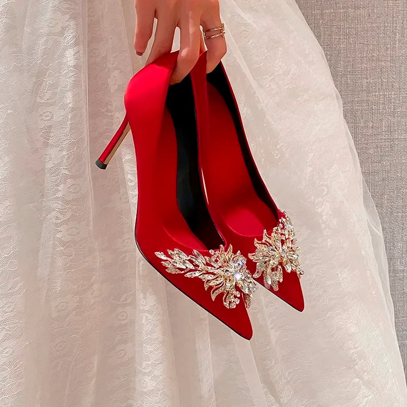 Wedding shoes, red high heels, slim heels, 2024 spring/summer/autumn new Korean version pointed toe bride shoes, high heels