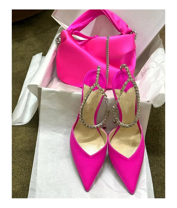 2024 New Satin Pumps Crystal Pendant One Word Rhinestone Chain High Heels Pointed Thin Heel Sexy Sandals Wedding Shoes