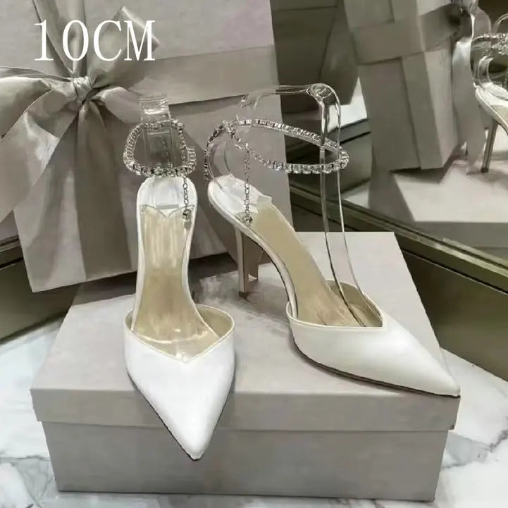 2024 New Satin Pumps Crystal Pendant One Word Rhinestone Chain High Heels Pointed Thin Heel Sexy Sandals Wedding Shoes