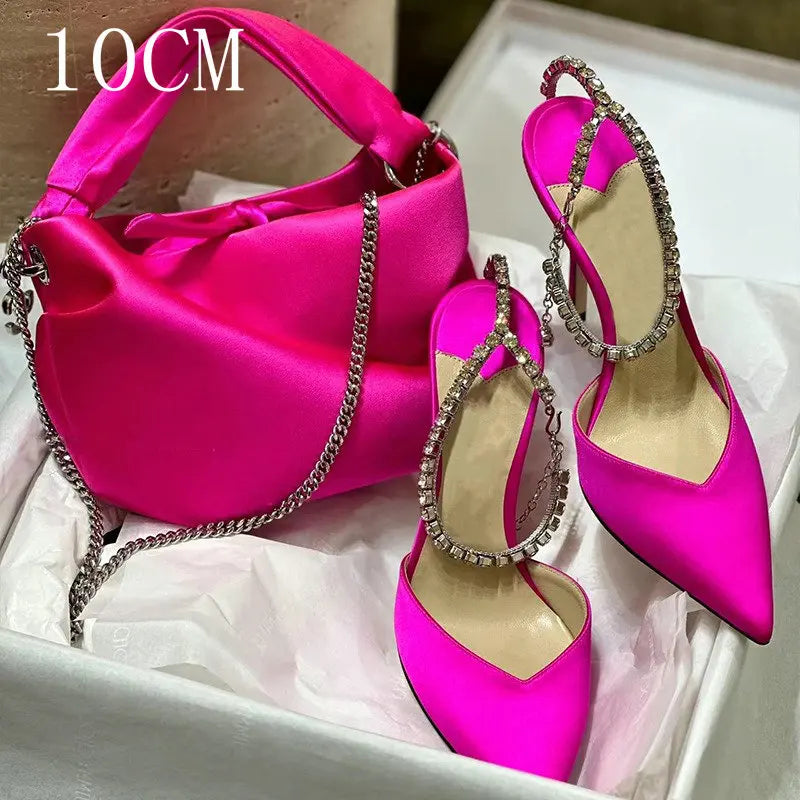 2024 New Satin Pumps Crystal Pendant One Word Rhinestone Chain High Heels Pointed Thin Heel Sexy Sandals Wedding Shoes