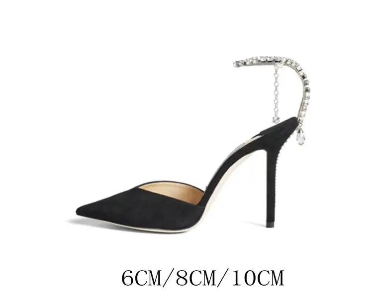 2024 New Satin Pumps Crystal Pendant One Word Rhinestone Chain High Heels Pointed Thin Heel Sexy Sandals Wedding Shoes