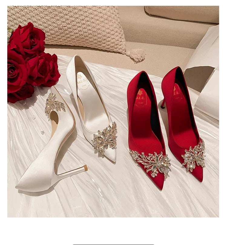 Wedding shoes, red high heels, slim heels, 2024 spring/summer/autumn new Korean version pointed toe bride shoes, high heels