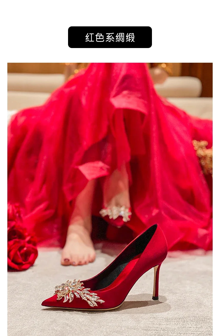 Wedding shoes, red high heels, slim heels, 2024 spring/summer/autumn new Korean version pointed toe bride shoes, high heels