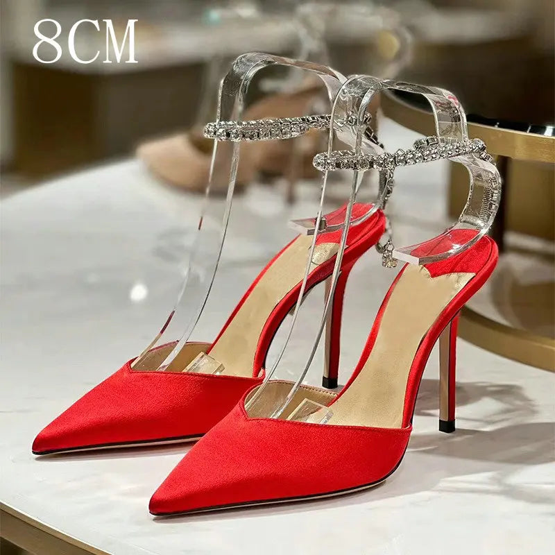 2024 New Satin Pumps Crystal Pendant One Word Rhinestone Chain High Heels Pointed Thin Heel Sexy Sandals Wedding Shoes