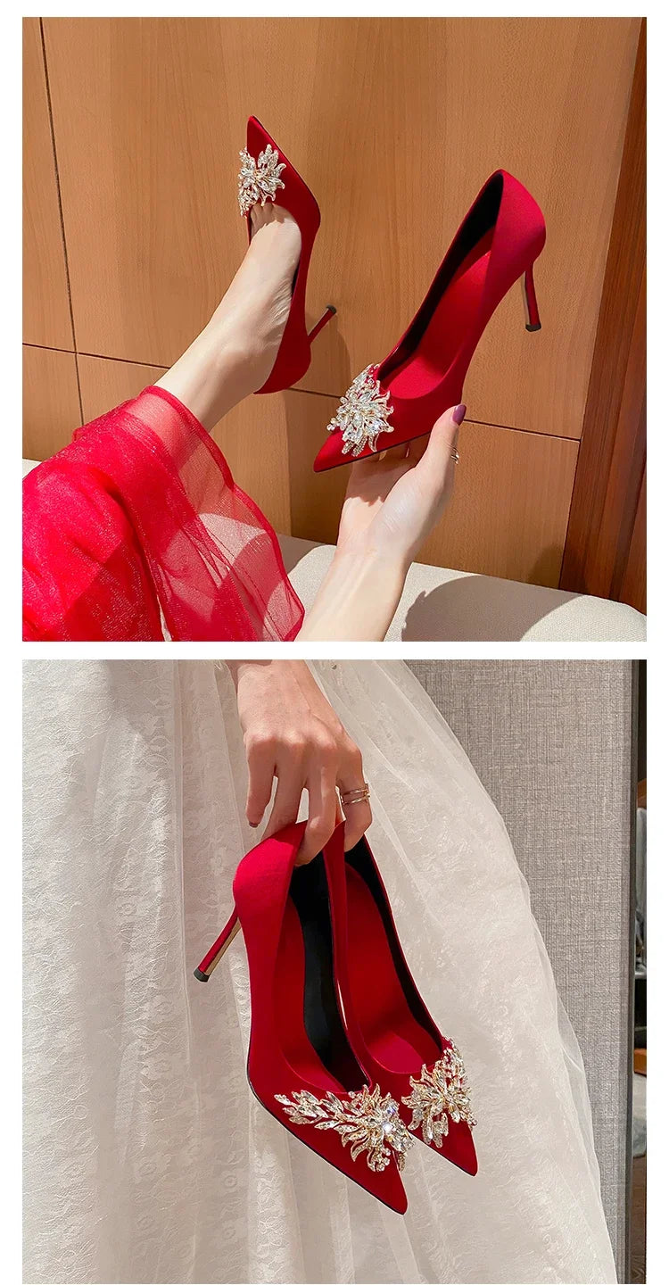 Wedding shoes, red high heels, slim heels, 2024 spring/summer/autumn new Korean version pointed toe bride shoes, high heels