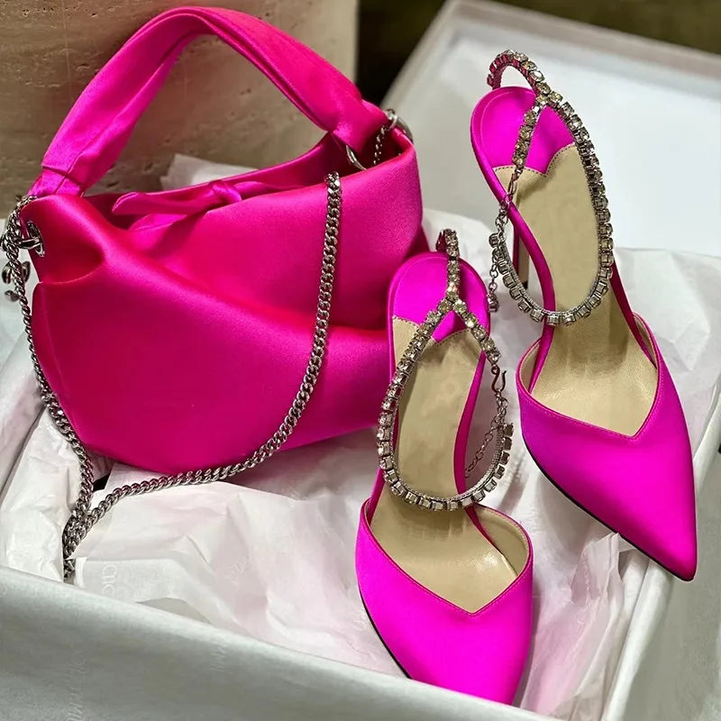 2024 New Satin Pumps Crystal Pendant One Word Rhinestone Chain High Heels Pointed Thin Heel Sexy Sandals Wedding Shoes