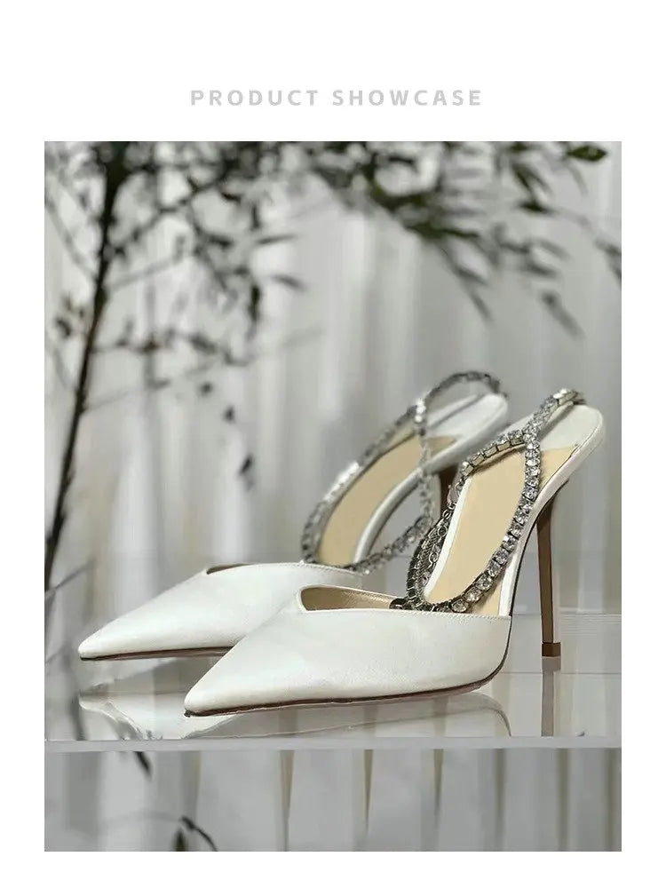 2024 New Satin Pumps Crystal Pendant One Word Rhinestone Chain High Heels Pointed Thin Heel Sexy Sandals Wedding Shoes