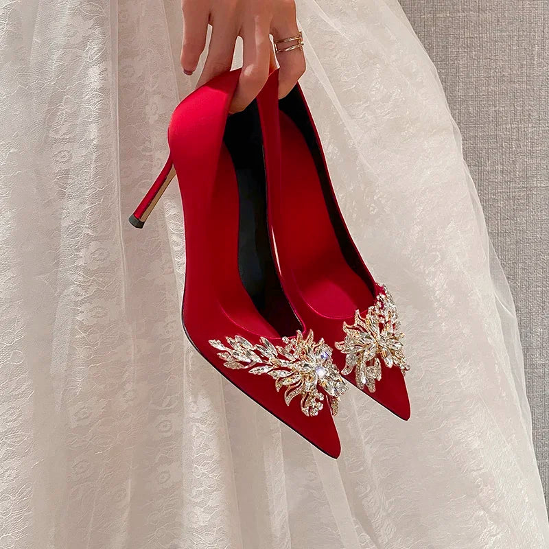 Wedding shoes, red high heels, slim heels, 2024 spring/summer/autumn new Korean version pointed toe bride shoes, high heels