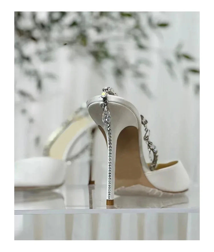 2024 New Satin Pumps Crystal Pendant One Word Rhinestone Chain High Heels Pointed Thin Heel Sexy Sandals Wedding Shoes