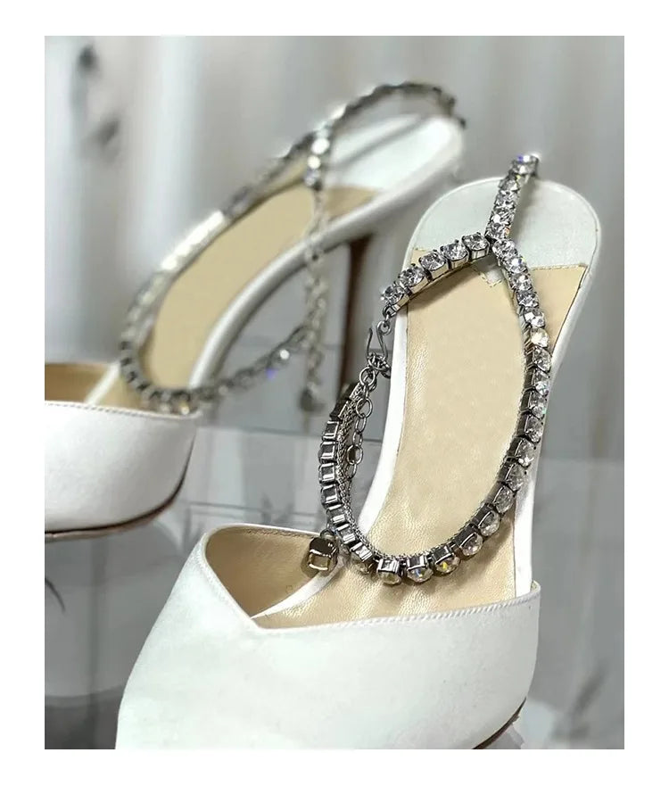 2024 New Satin Pumps Crystal Pendant One Word Rhinestone Chain High Heels Pointed Thin Heel Sexy Sandals Wedding Shoes